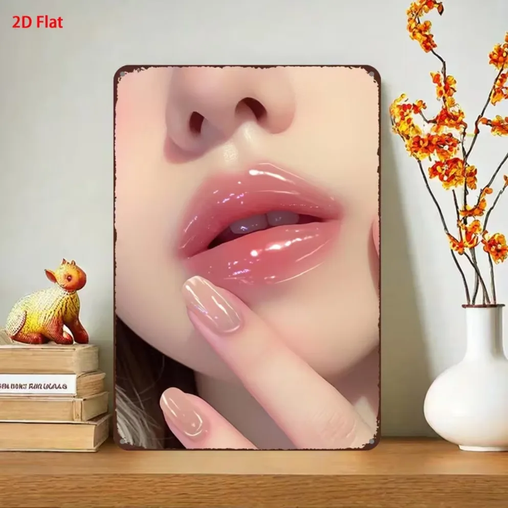 Panneau en métal rétro brillant rose avec motif lèvres et manucure, décoration murale artistique pour la beauté