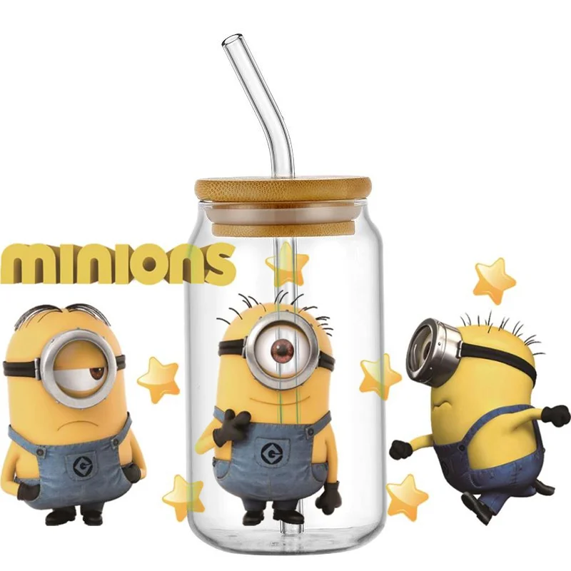 Miniso Minions Cartoon Character Pattern UV DTF Transfer Sticker Waterproof Transfers Decals For 16oz Glass Cup Wrap Stickers