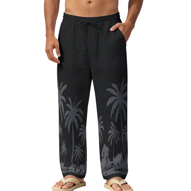 2026 Cross-border Four Seasons Men's Loose Hawaiian Beach Vacation Casual Printed Straight Linen Trousers Men
