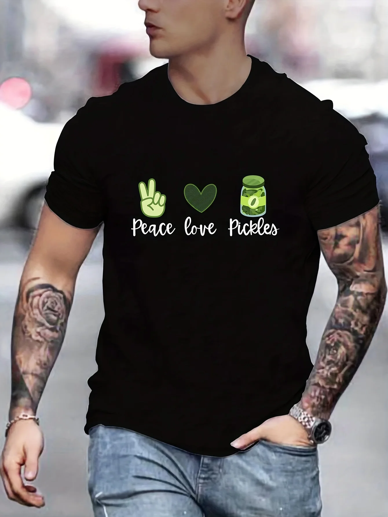 

Peace Love Pickles Print T Shirt, Tees For Men, Casual Short Sleeve T-shirt For Summer