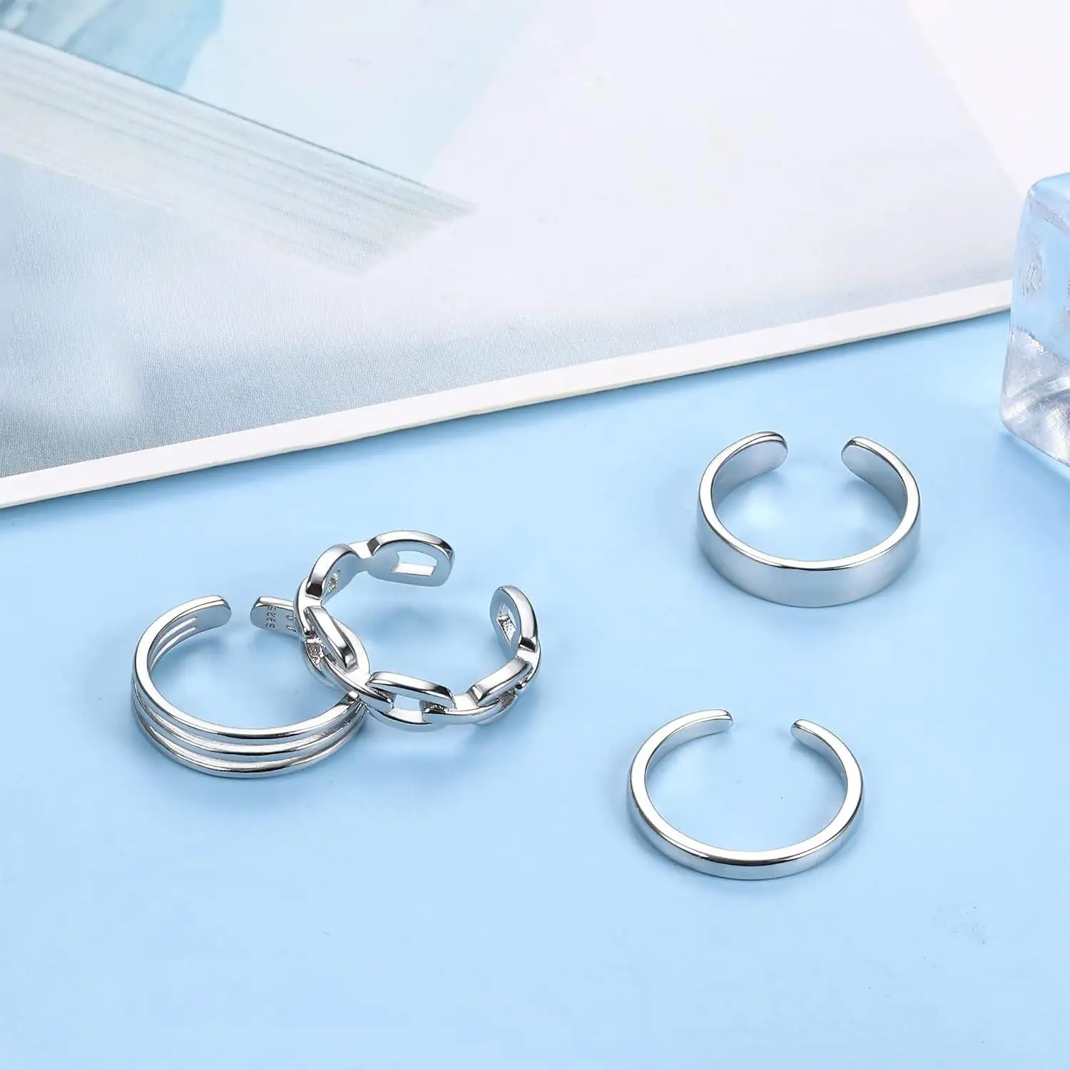 Fansilver 4pcs S925 Sterling Silver Toe Rings for Women Adjustable Triple Band Toe Ring Set Cute Jewelry for Summer Beach