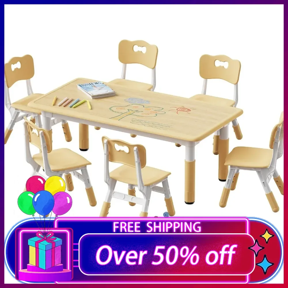 Conjunto de mesa infantil e 6 cadeiras, conjunto de mesa e cadeira para crianças com altura ajustável, mesa graffiti, sala de aula/cuidados diurnos/casa