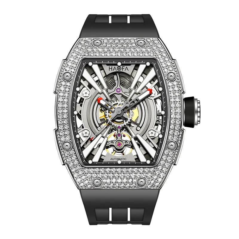 Haofa Luxury Automatic Mechanical Watch for Men Sapphire Self Wind Luminous Skeleton Watch Crystal Diamond Bezel Waterproof 1907