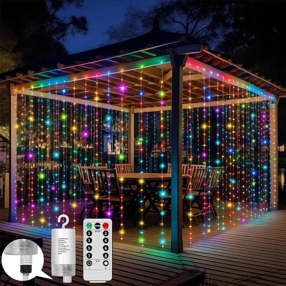

600LED Battery Operated Curtain Lights Waterproo, 20x10t Multi Color Hanging Battery Curtain String Light Indoor with Remote, Co