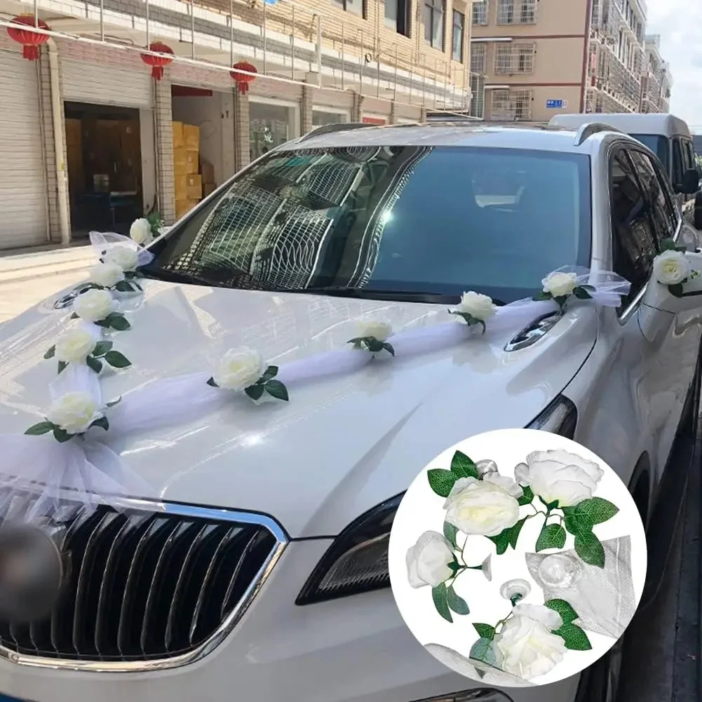 Reusable Fake White Rose Floral Garland With Organza Tulle For Bridal Wedding Car Exterior Styling Decoration