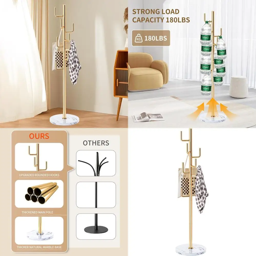 

Stylish Metal Coat Rack with Natural Marble Base, Durable Freestanding Rack for 8 Hooks, Elegant Standing Coat Rack for Bags and