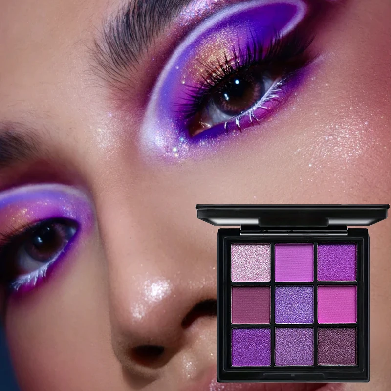 Paleta de sombras foscas roxas de 9 cores, maquiagem para olhos esfumaçados, cosplay, maquiagem de palco violeta, sombra perolada fosca de nove quadrados