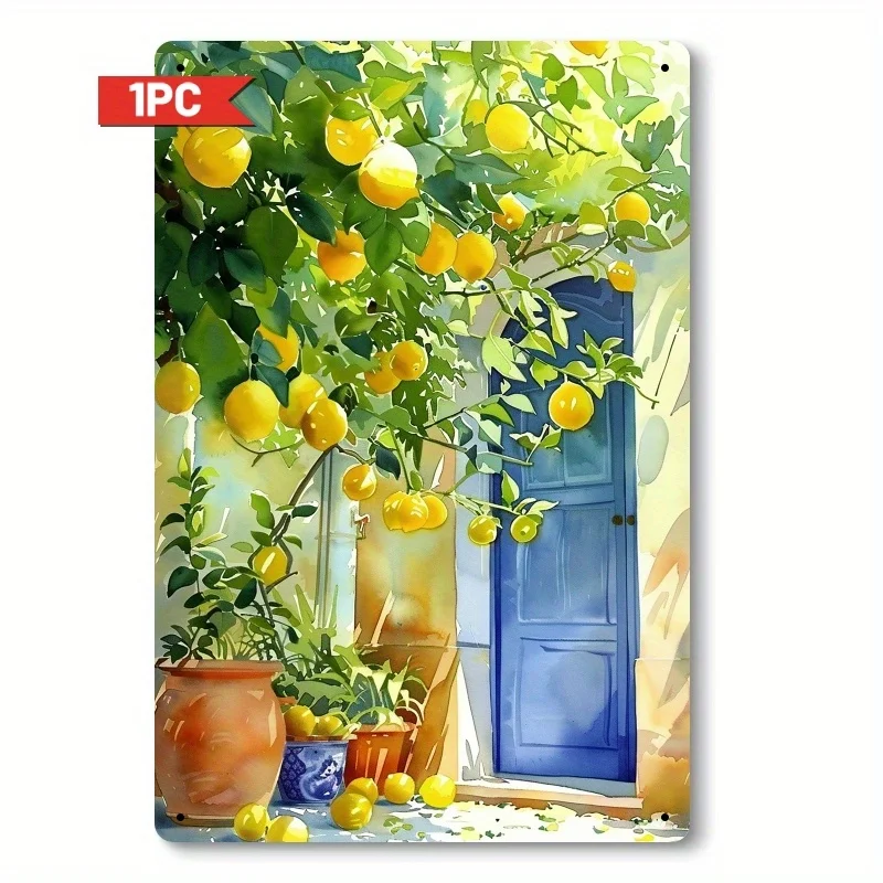 Letrero de hojalata vintage con temática de limón vibrante, arte de pared mediterráneo rústico, 20,32x30,48 cm, ideal para el hogar, dormitorio, sala de estar, 1 ud.