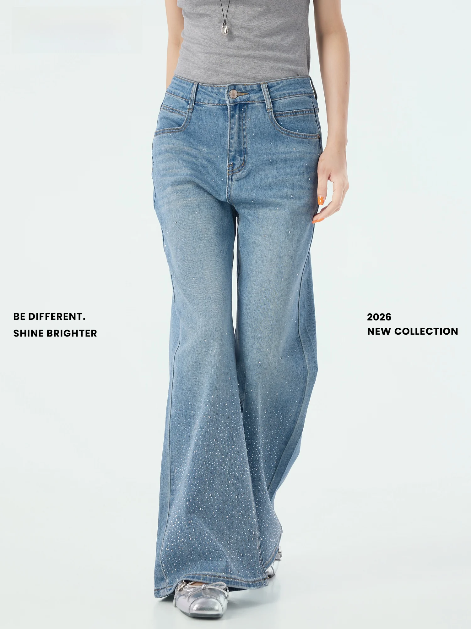 

Новые летние джинсы Didimax с высокой талией, блестящими стразами, прямые, женские, широкие, стройнящие, модные, длинные брюки