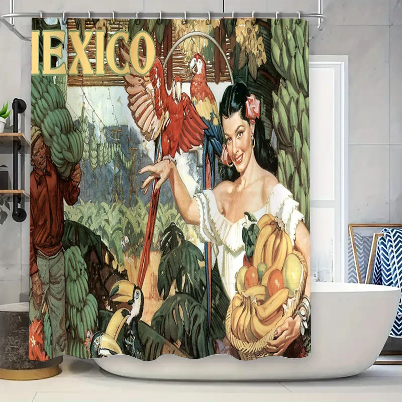 

Занавеска для душа Tropical Paradise с мексиканским художественным принтом и птичьими фруктами, деревенский декор для ванных комнат зеленого или желтого цвета