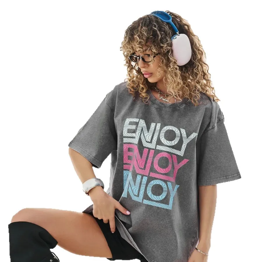 90s Grunge Women's Vintage Washed Grey Oversized Cotton T-Shirt 