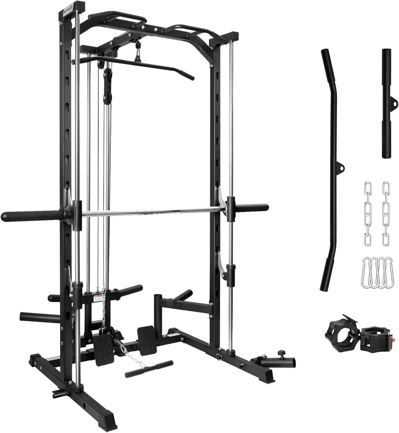 

Smith Machine Power Rack with LAT-Pull Down System, Landmine, Barbell Bar, Plate Storage Pegs and More Training Attachment