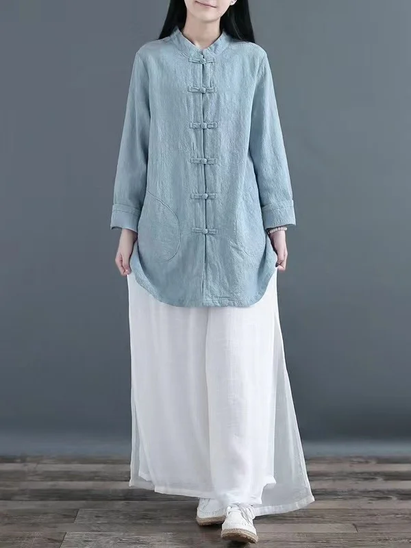 

Retro Large Size Women's Cotton Linen Embroidered irt Long Sve Stand Collar Open Cardigan Sle Spring Casual Top
