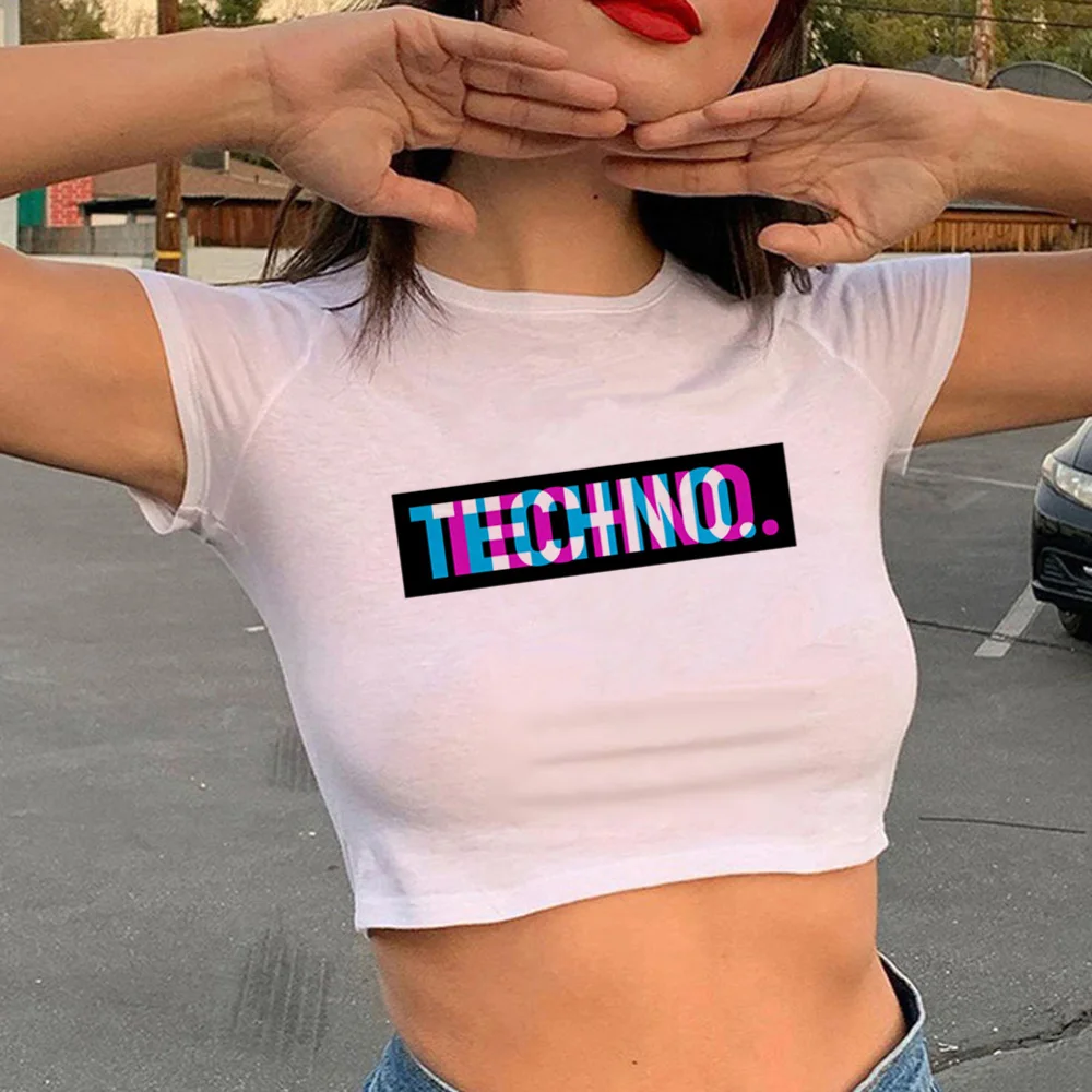 Techno t-shirts women harajuku funny top girl y2k graphic anime clothing