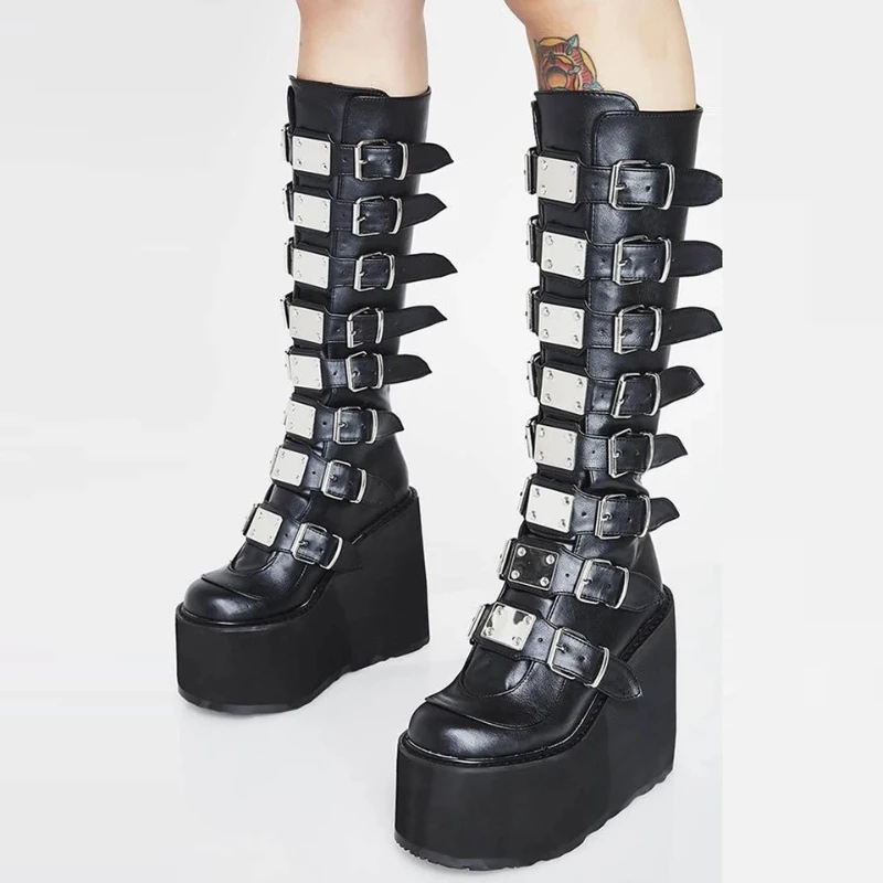 

SyfIyno New European and American Long Boots with A Metal Buckle Strap of 11cm Thick Sole and High Boots in Extra Size