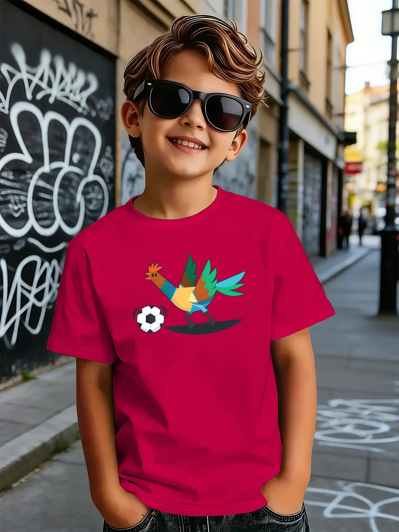 Cartoon Football Playing Chicken Kids T Shirt Boys Girls Short Sleeve Cotton Family Matching Toddler Daily Casual Tops