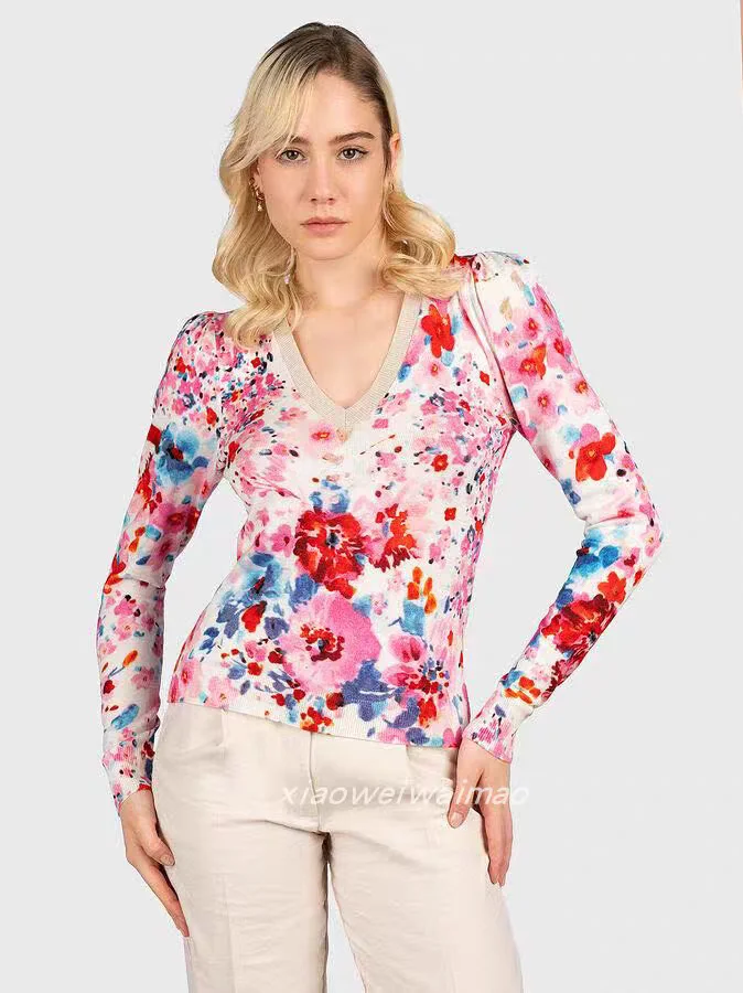 Comércio exterior original único italiano novo verão impressão com decote em v malhas femininas finas