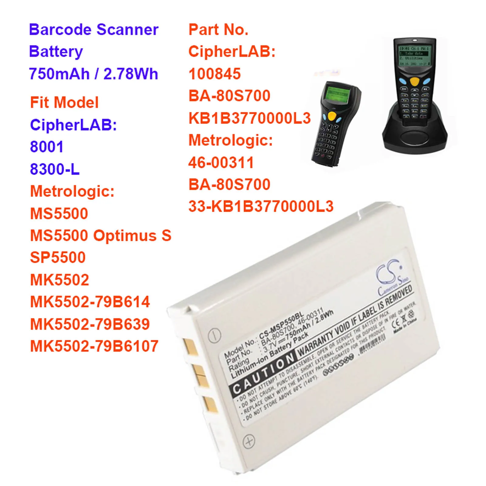 Barcode Scanner Battery 3.7V/750mAh 100845 33-KB1B3770000L3 BA-80S700 KB1B3770000L3 for CipherLAB 8001 8300-L Metrologic 46-0031