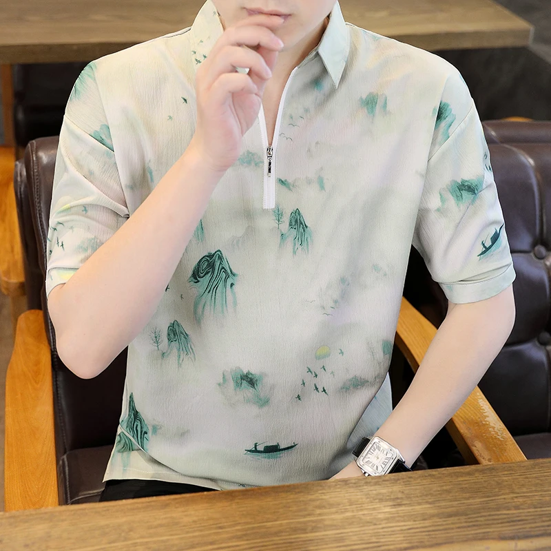 

Loose Fit Casual Short Sleeve T-Shirt Turn-down Collar Half Sleeve Summer Fashion Cool Feeling Men's Shirt Polyester Fiber