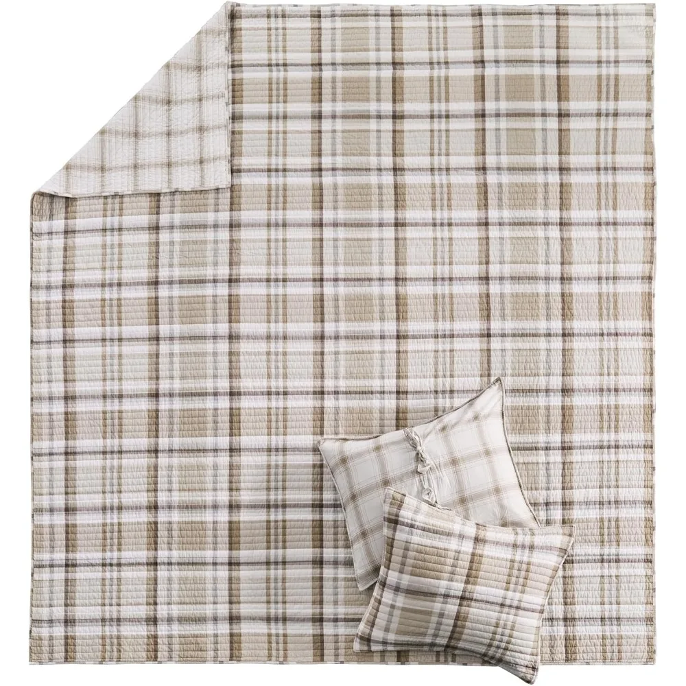 لحاف منقوش من القطن قابل للعكس - ألوان محايدة باللون البيج والأسمر - مقاس مزدوج 68 × 86 بوصة - فراش مريح ومتين #5