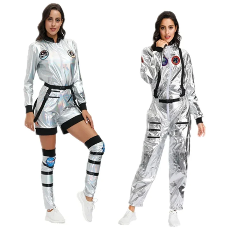 Women Astronaut Jumpsuit Costume Adult Silver Alien Spaceman Pilots Outfits