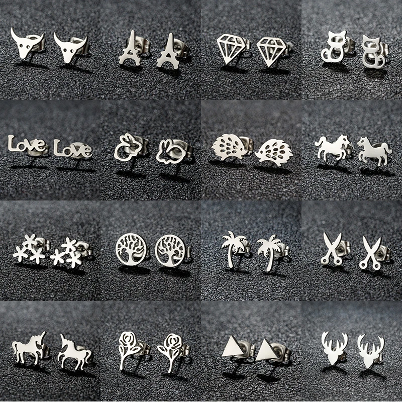 New Minimalism Earring Silver Color Fashion Cat Horse Hedgehog Scissors Deer Mini Stud Earrings for Women Men Pendientes Gift