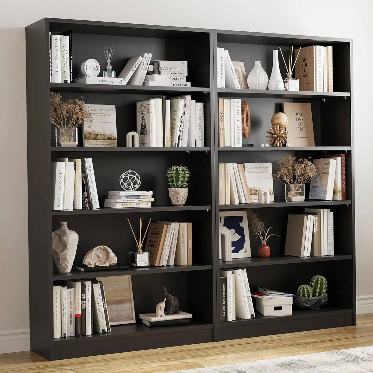 5 Shelf Black Bookcase 60 inch Tall Wood Bookshelf for Bedroom