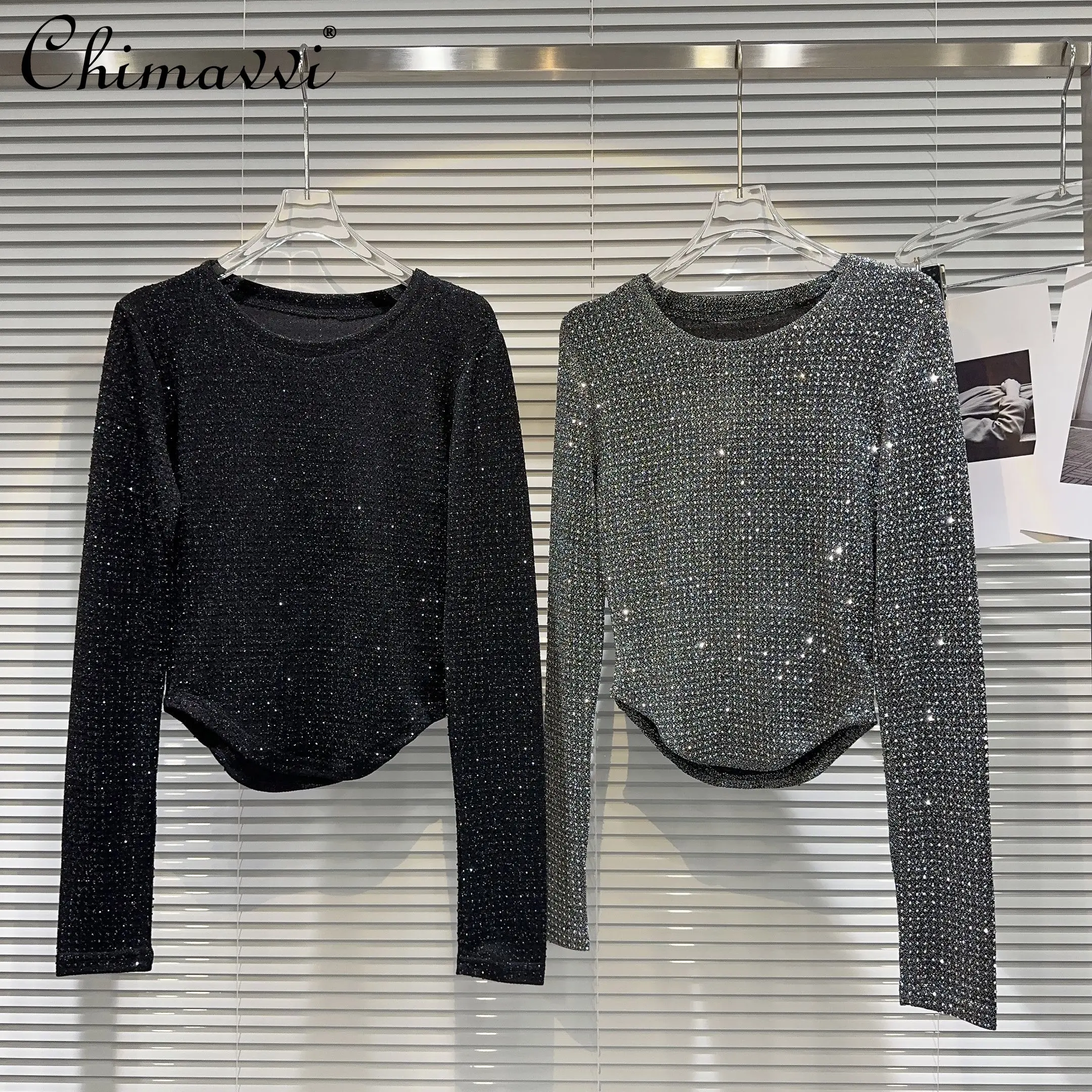 2024 Autumn Clothes New Fashion Hot Girl Full of Rhinestone Bright Silk Fabric Curved Edge Tee Tops Slim Fit Pullover T-shirt