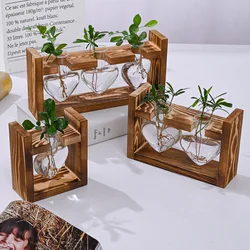 1pc Transparent Glass Vase With Wooden Frame, Heart-shaped Glass Vase For Hydroponic Plant Propagation, Air Plant Vase For Home