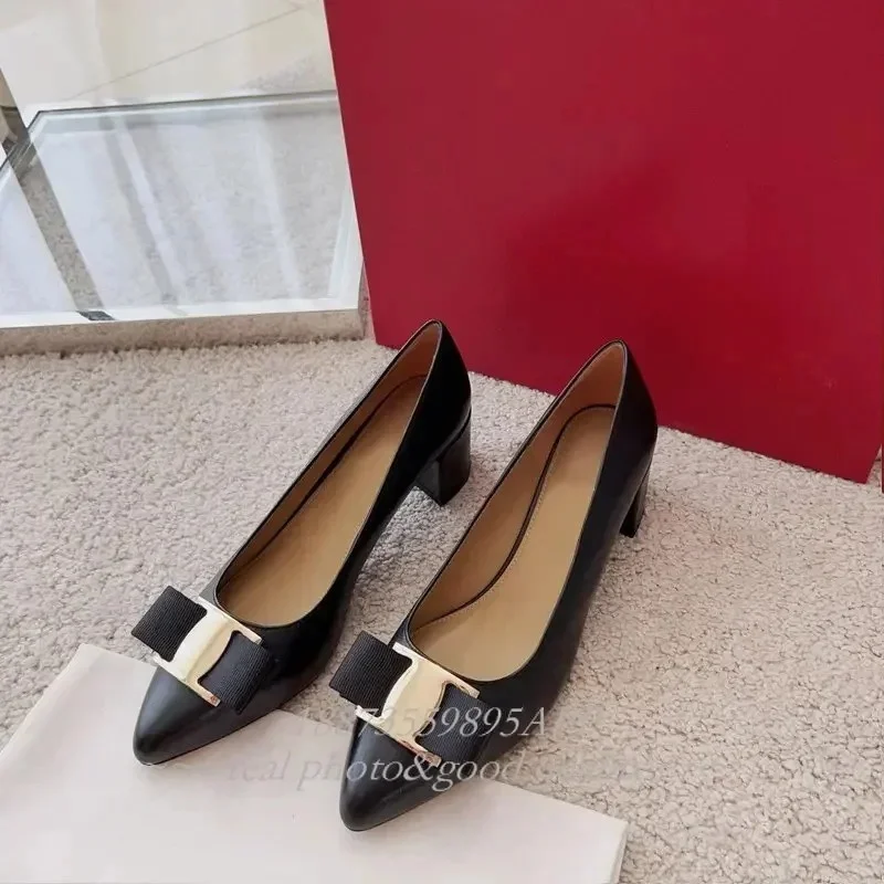 

2025 Sweet women's Pumps Chunky Square Heel 5.5cm Bow Pointy leather calfskin comfortable office shoes