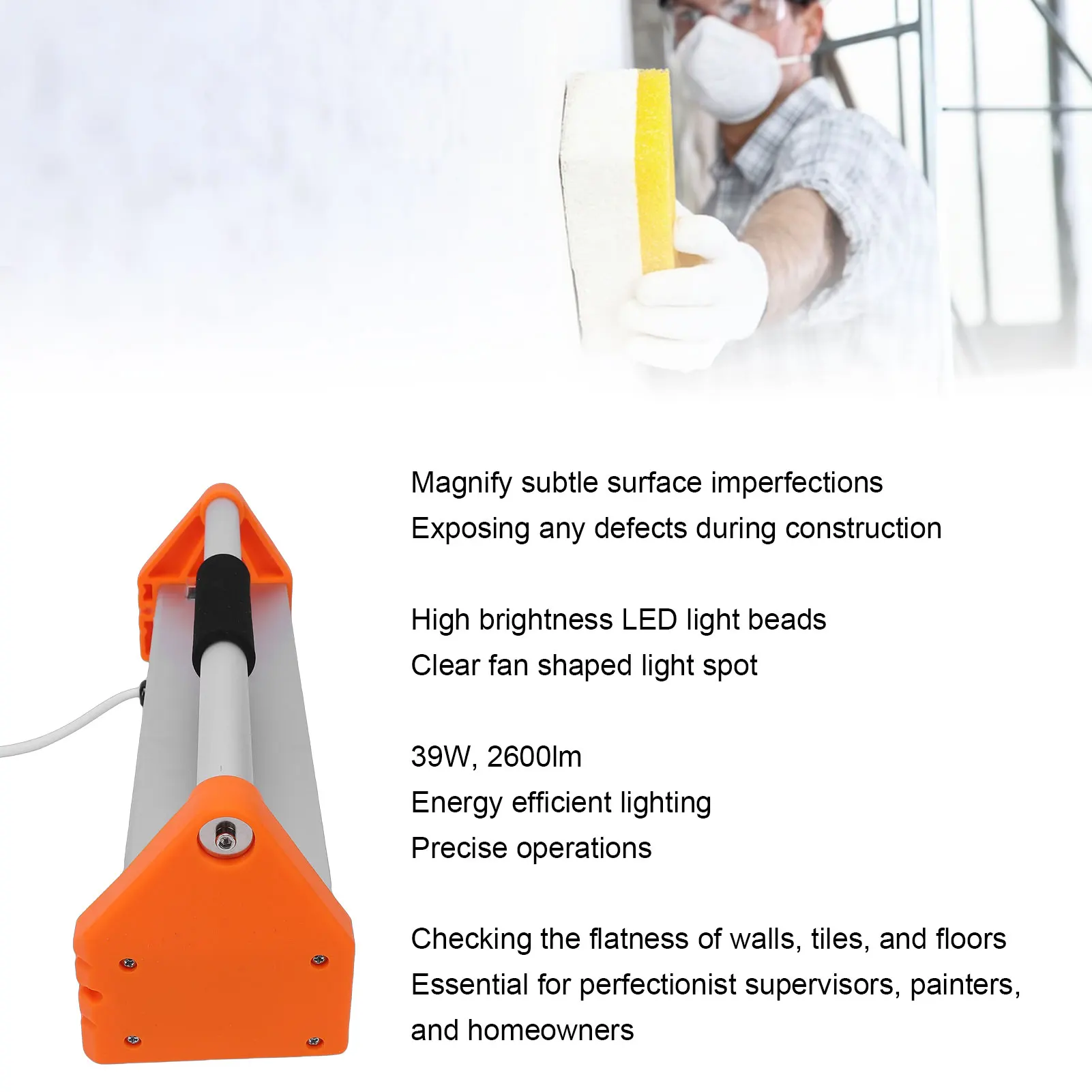 Wall Paint Inspection Light 3 Lamp Beads 39W 2600lm Universal Polishing Auxiliary Tool 120 Degree X 5 Degree Irradiation Angle