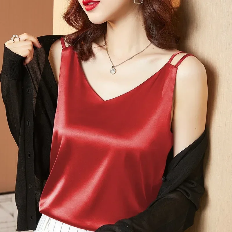 Fashion Ice Silk Women Tops Woman Satin Blouses Shirts Sexy Women Faux Silk Lace Blouse Elastic Shirts Woman V-neck Shirt Top