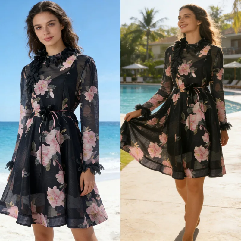   Nuovo modello di fiori di tè in lino Bla 3D piccolo fiore lungo Sve ort Dr Street Sle vita alta A-Lin...