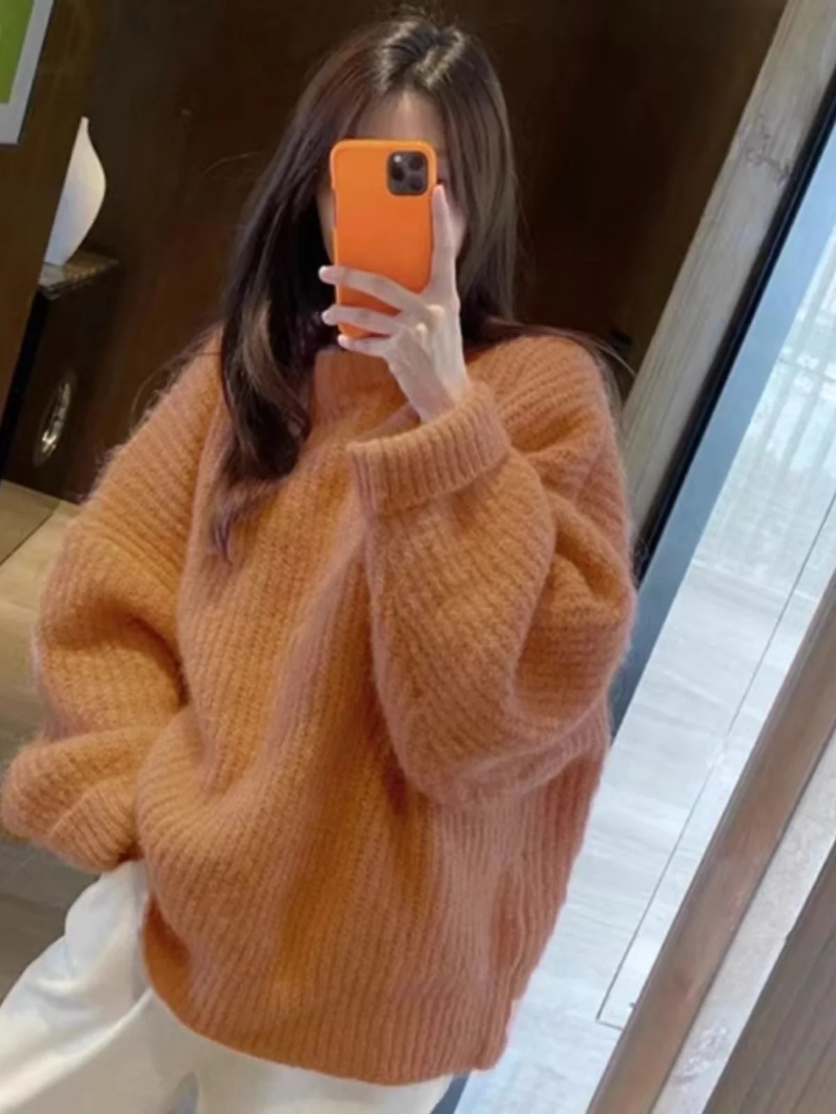 

Оранжевый женский трикотажный свитер большого размера, повседневный милый круглый свитер Ne Long Sve, весенне-осенний верх, многослойная внутренняя одежда