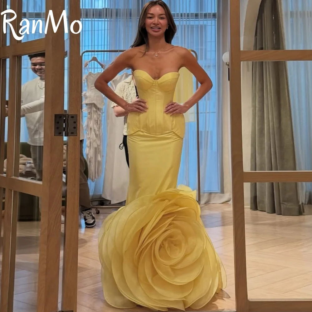 

Ranmo Customized Elegant Sweetheart Yellow Mermaid Evening Dress High Quality 3D Flowe Prom Gown Temperament Bridal Party Dress