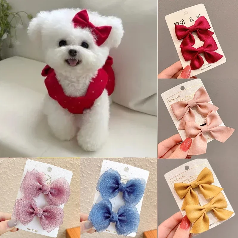 2Pcs/set Beautiful Satin/Mesh Bow Hairpins for Pet Dogs Cute Girl Teddy Poodle Puppy Hair Fabric Decor Clip Grooming Accessories