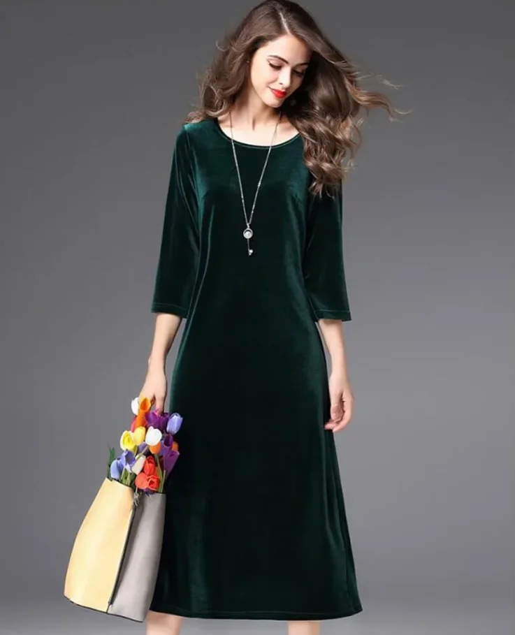 Hot sale Plus size women Spring and Autunm office long maxi velvet dress,2026 Elegant winter velour dress