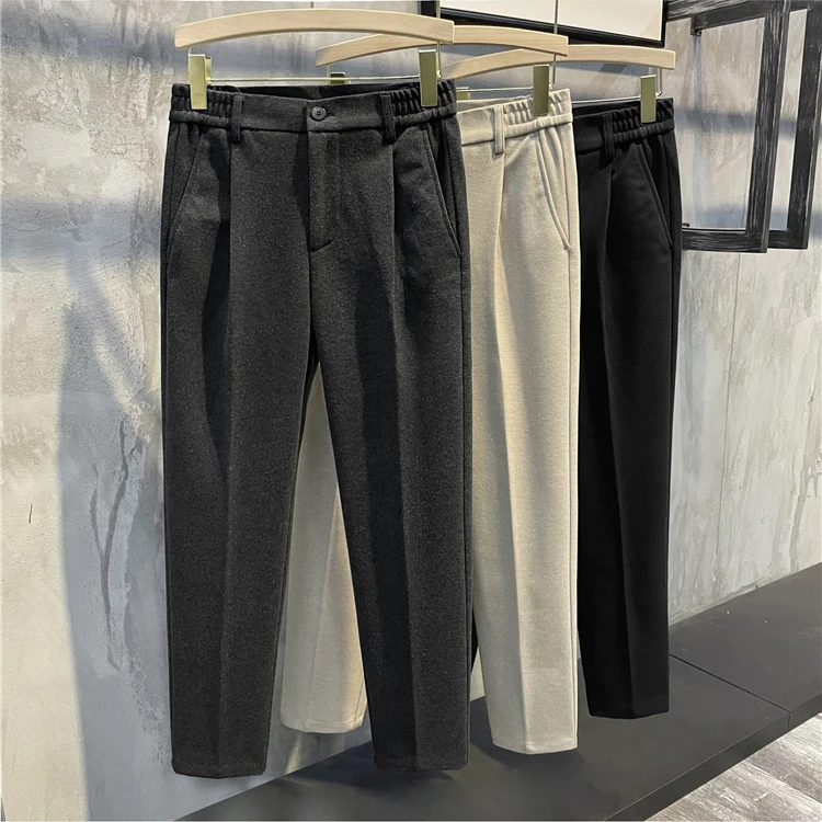 Winter New Arrival Woolen Slim-Fitting Small Straight Suit Pants Men Retro Casual Tapered Drape Woolen Ankle-Length Pants