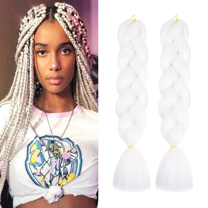 สังเคราะห์สโนว์ไวท์ถักเปีย2ชิ้นผมสีขาวจัมโบ้ถักเปียผม