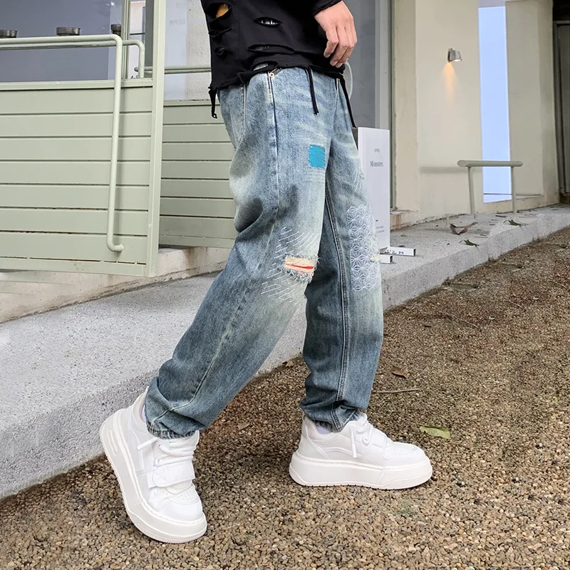 

2024 New Autumn Ripped Jeans Men's Loose Straight Harem Patch Embroidered Fashion Street Denim Trousers