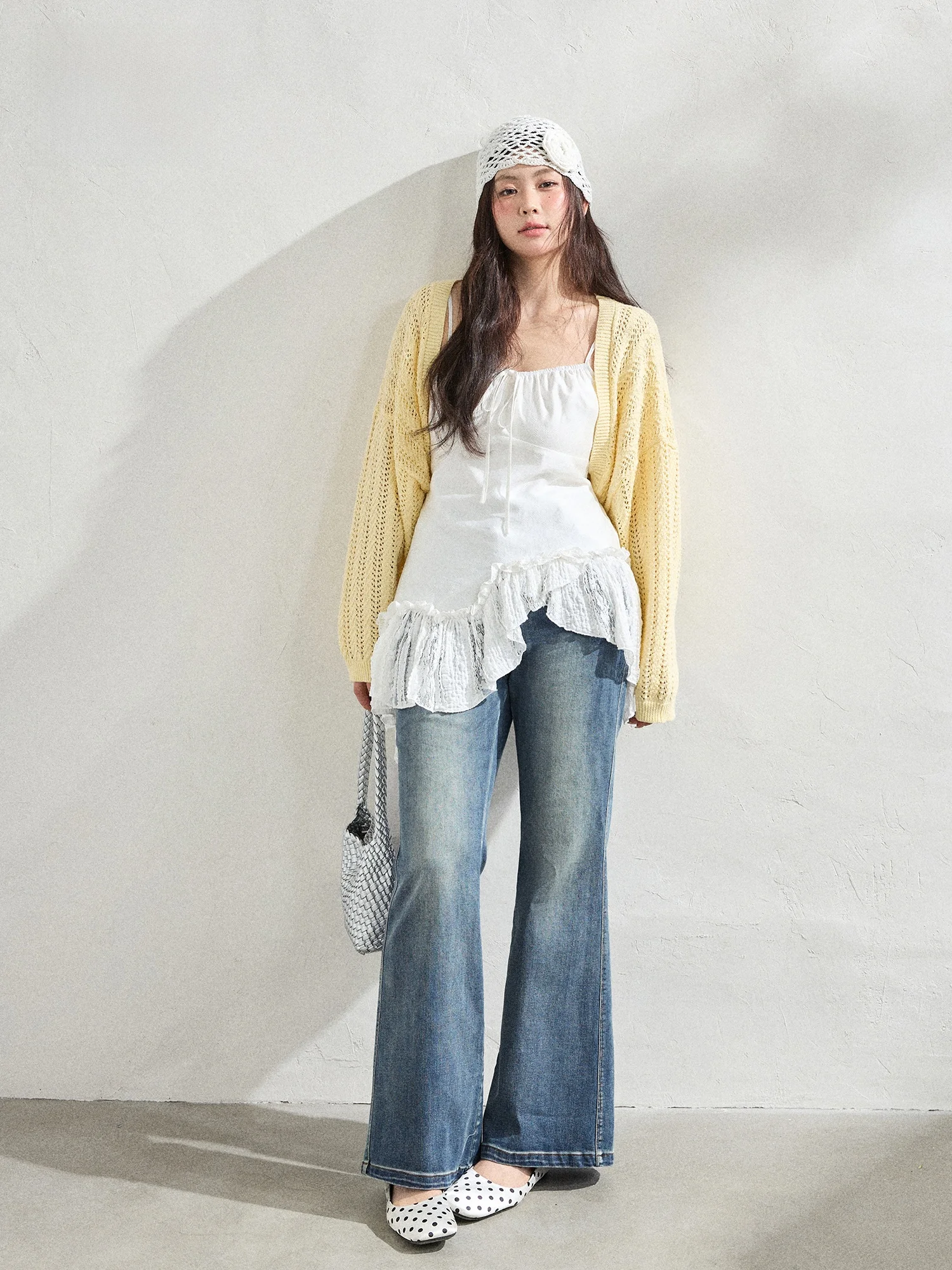 

plus Size Women's Spring Slimming Lace Trim Wide Leg Jeans Set High Waist Long Sve Korean Sle Faion Commute Wear