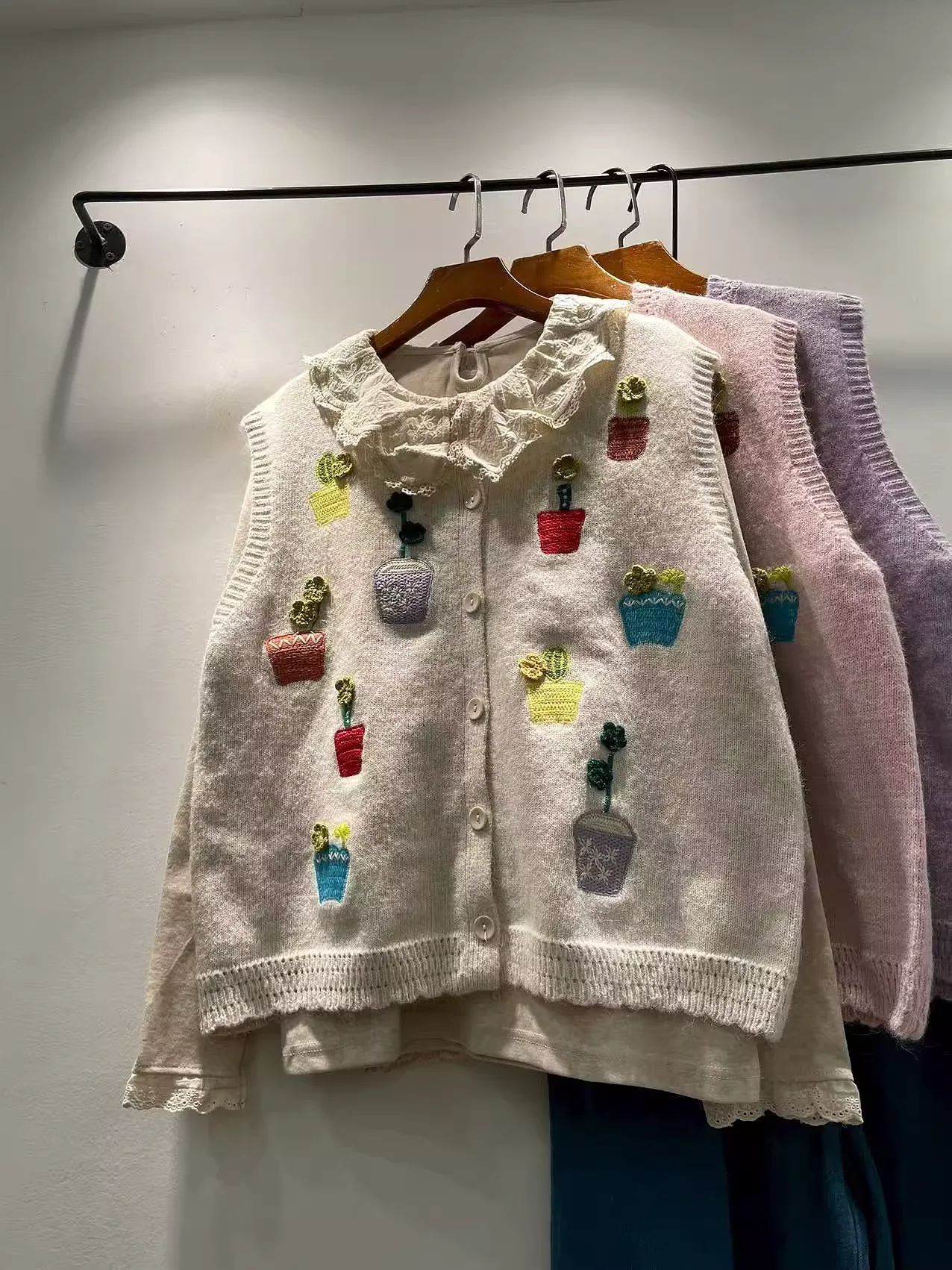 

Original handmade embroider knit sweater vest for women cardigan autumn Japan style sweet beige pink purple sleeveless vest