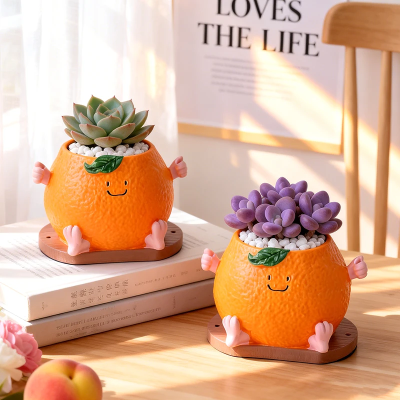 Cute Anthropomorphic Orange Resin Succulent Pot Stress Relief Ornament Gift For Gardening Lovers Office Table Plant Decor