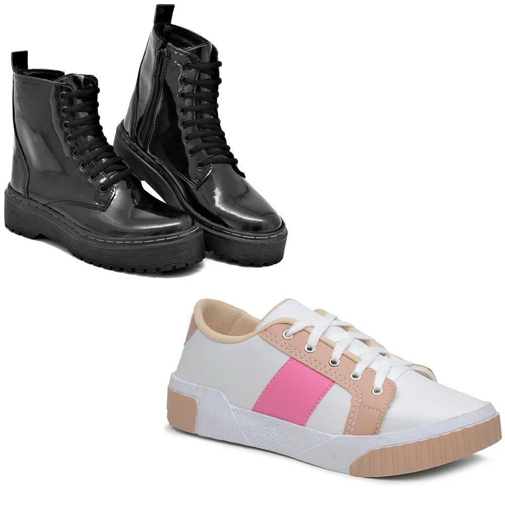 Kit Tênis Sneaker Juliette Feminino Plataforma Casual Branco and Rosa and Bota Feminina Plataforma Stiloclub Verniz Promoção