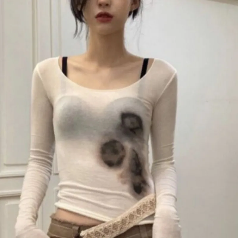 

Square Collar Clavicle-exposed Slim Women T-shirts Tie Dye Slightly Transparent Stretch Crop Top Y2k Aesthetic Streetwear Tees