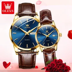 OLEVS-Relojes de pulsera impermeables para pareja, pulsera de cuarzo de alta calidad con correa de PU, calendario luminoso, 6898