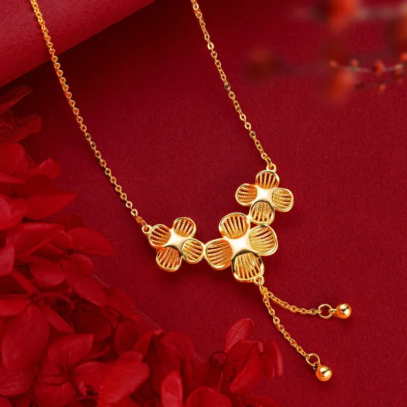 9999 Real Gold 24K Premium Hollow Flower Necklace Flower Clavicle Necklace Bridal Wedding Jewelry