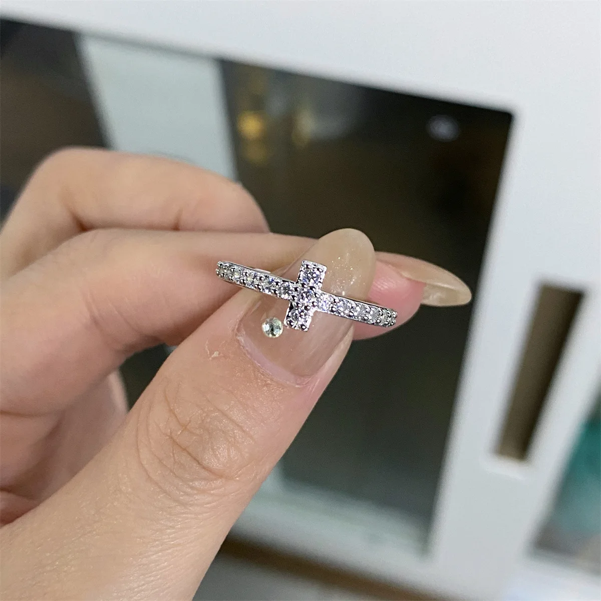 Luxury 18K Solid Platinum PT950 certifid tail ring ins style simple versatile T-shaped row ring full circle full diamond ring