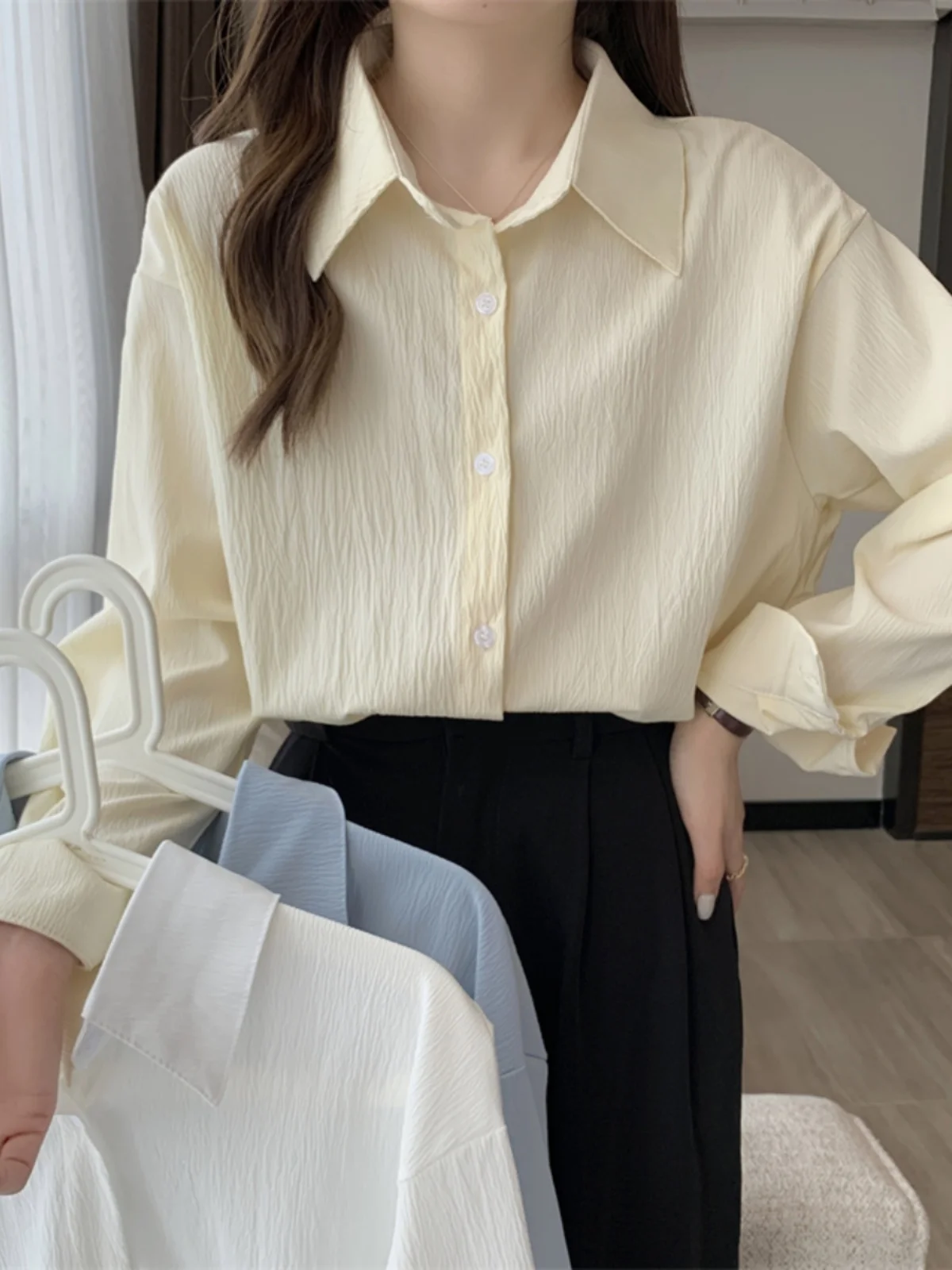 

Women's Polo-neck Chiffon Blouses Casual Button Spring Autumn Long Sleeve Fashion Shirts Tops 2024 Buttons Blouse New W160