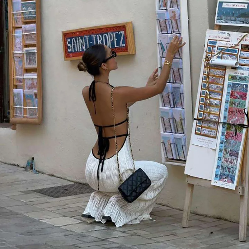 Abito lungo bianco lavorato a maglia sexy senza schienale per donna Abiti eleganti aderenti lunghi con scollo a V Lady Summer New Holiday Beach Robes